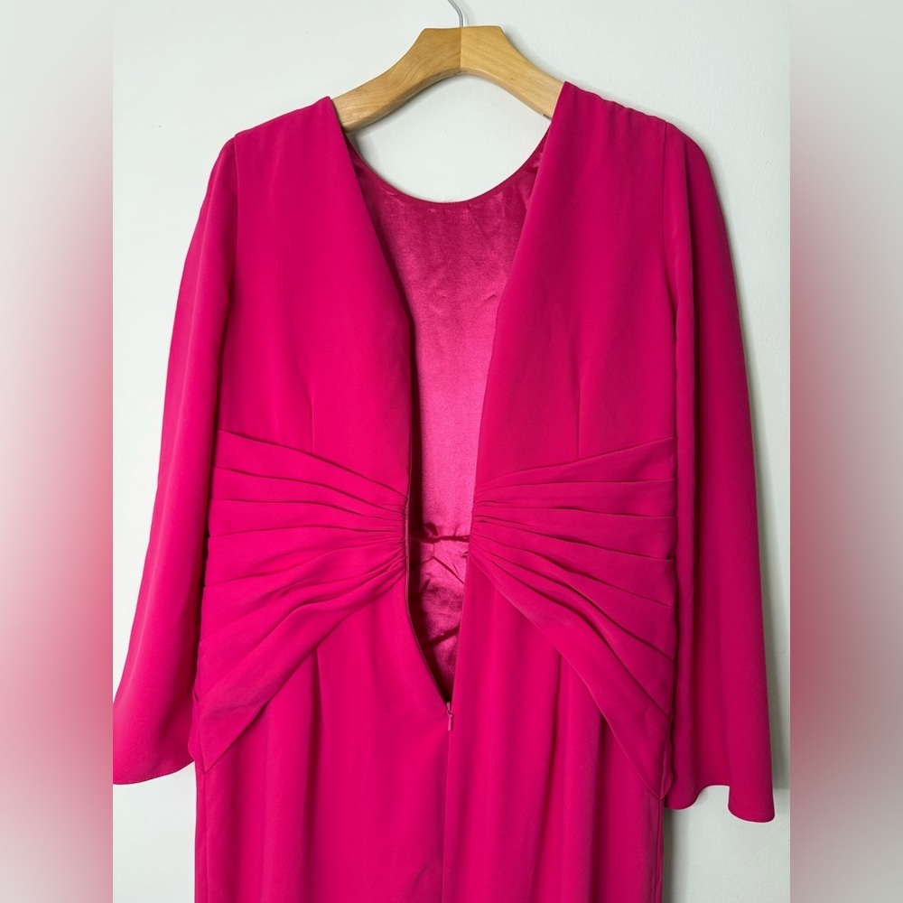 Theia twist knot front, hot pink, cape sleeve maxi gown, 10 - Picture 11 of 13